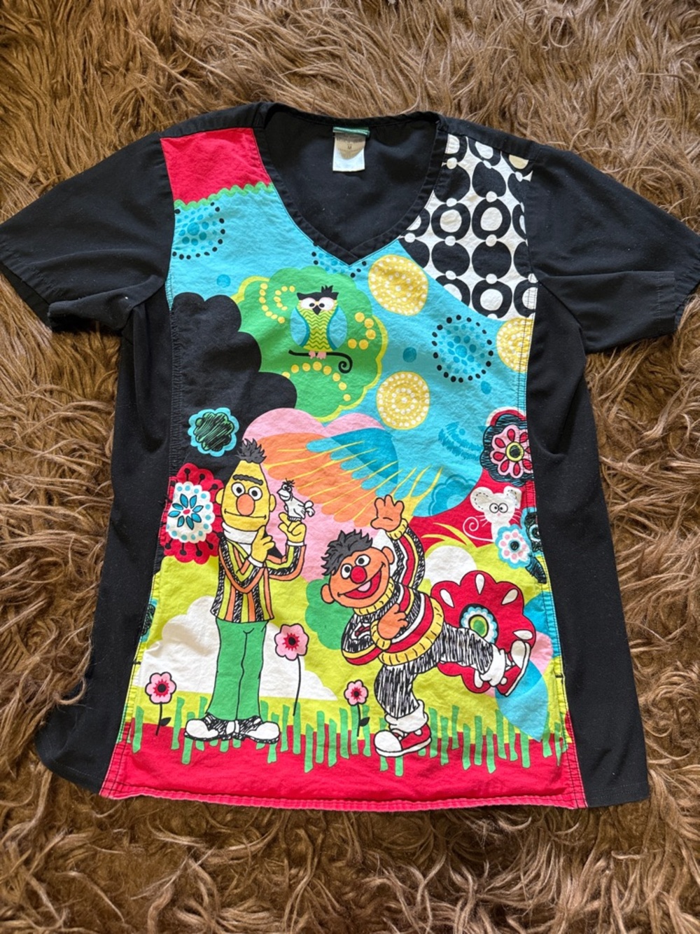 Colorful Sesame Street Kids' V-Neck Top - Black with Multicolor Print